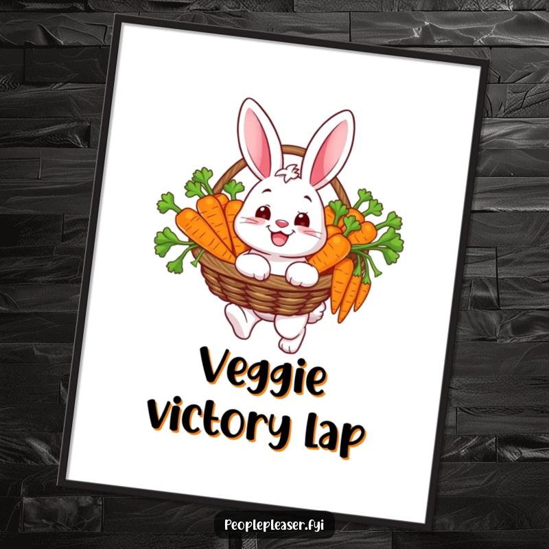 Funny digital art print of a happy bunny character carrying a basket overflowing with carefully chosen carrots, radiating pure joy.