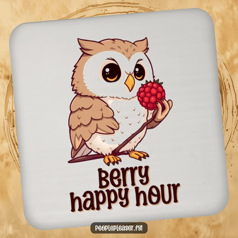 Funny drink coaster featuring a curious owl offering a polished berry, keeping surfaces safe.