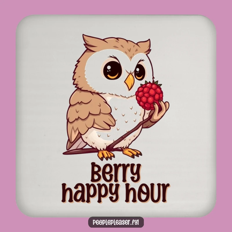 Funny Owl Berry Coaster: Coaster with an owl offering a berry, a funny gift.