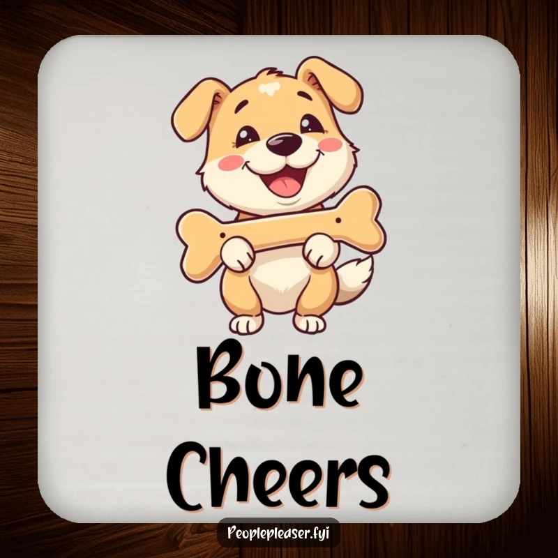 Funny coaster with a happy dog character fetching a bone with a smile, protecting surfaces with canine cheerfulness.