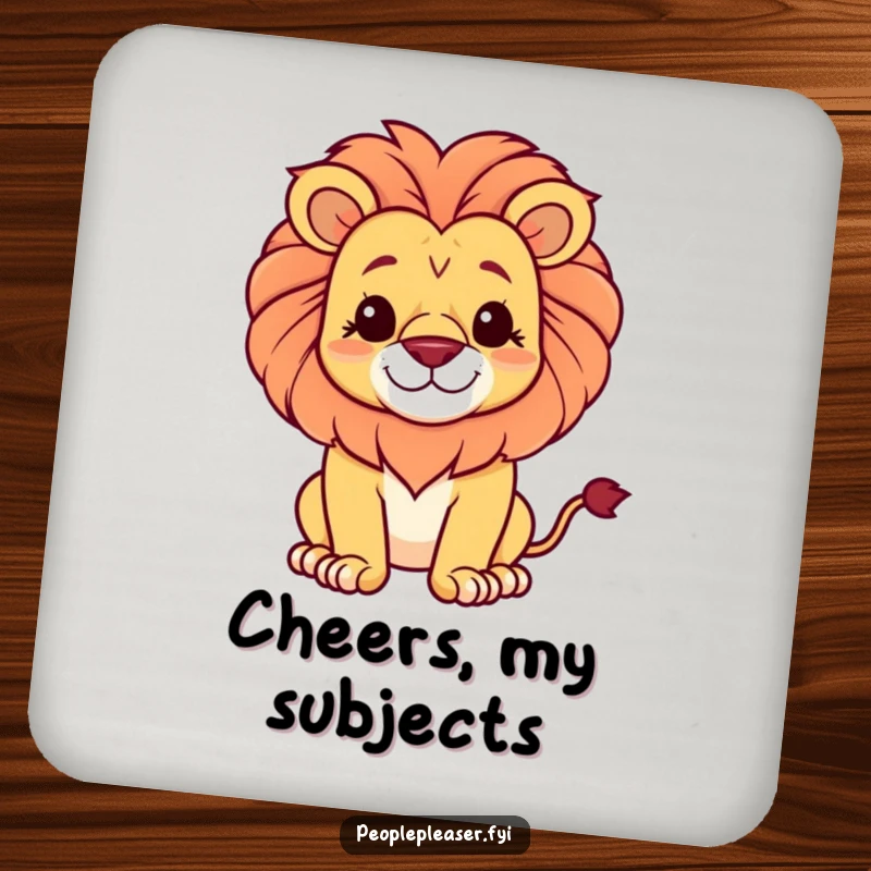 Funny drink coaster showing a proud lion with a gentle smile, protecting tables with humor.