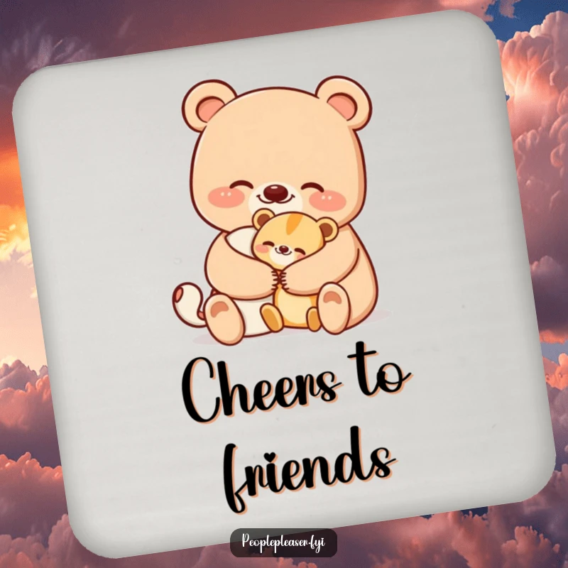 Funny bear drink coaster featuring a smiling bear character offering a comforting hug to a smaller animal, protecting surfaces with humorous flair.