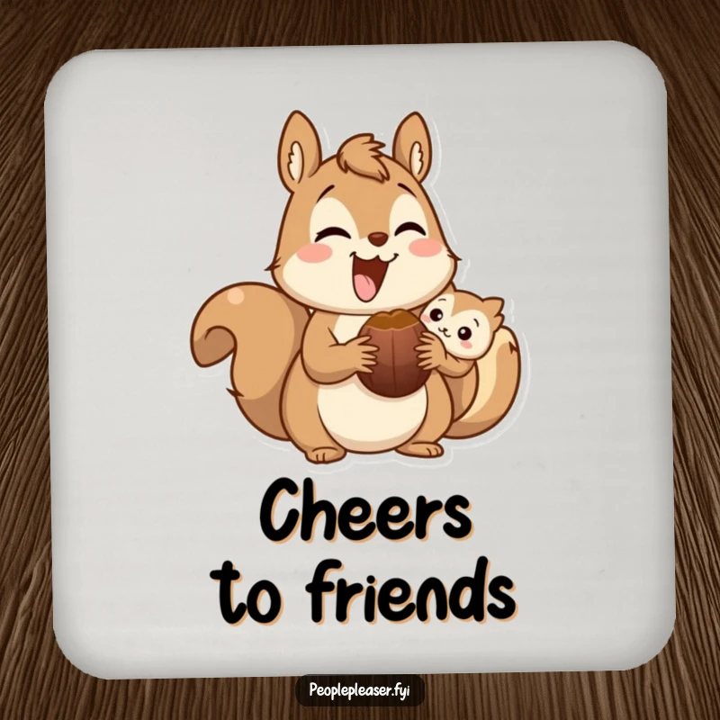 Funny squirrel drink coaster featuring a happy character sharing a nut, protecting surfaces with adorable and humorous symbols of friendship.