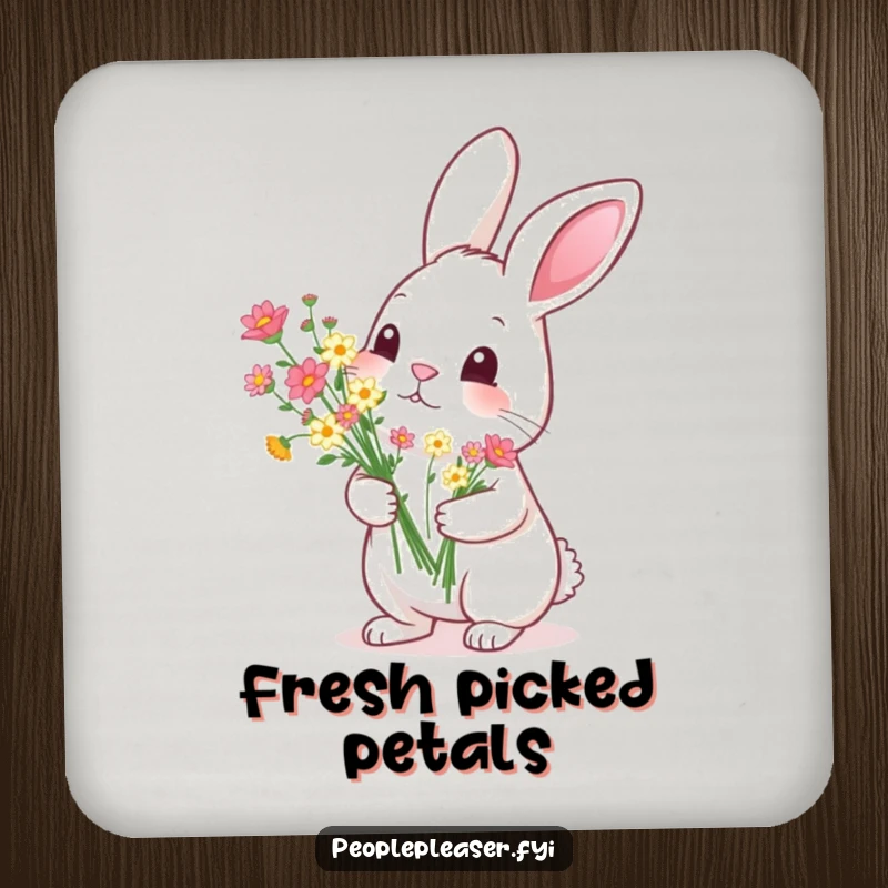 Funny Coaster: A diligent rabbit offers a bouquet of tiny flowers, a humorous and decorative addition to any tabletop.