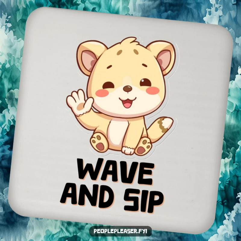 Funny drink coaster with a playful animal character giving a friendly wave, perfect for tabletops. A delightful funny gift.
