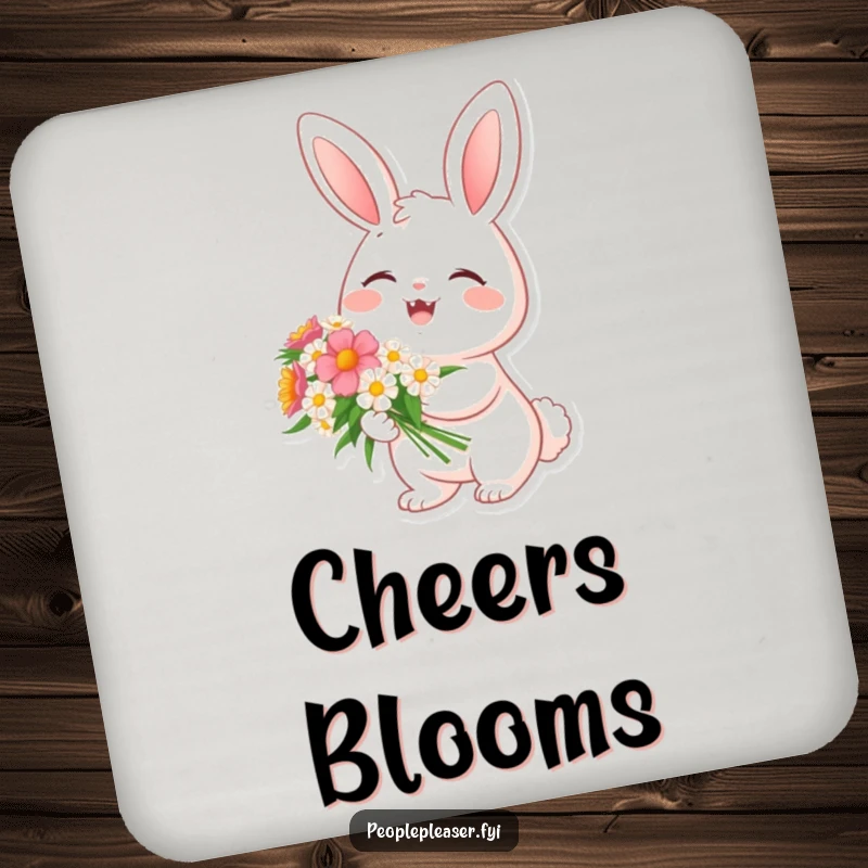 Funny coaster with a cheerful bunny character holding a bouquet of flowers, protecting surfaces with delightful spring charm.