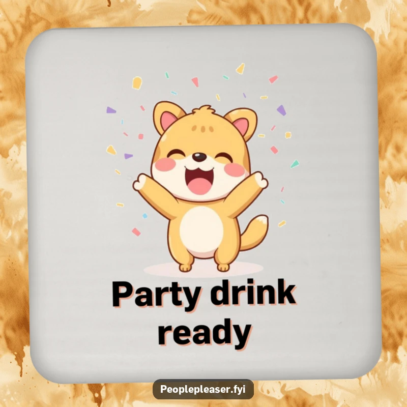 Funny Coaster: An animal character joyfully throwing confetti while protecting surfaces.