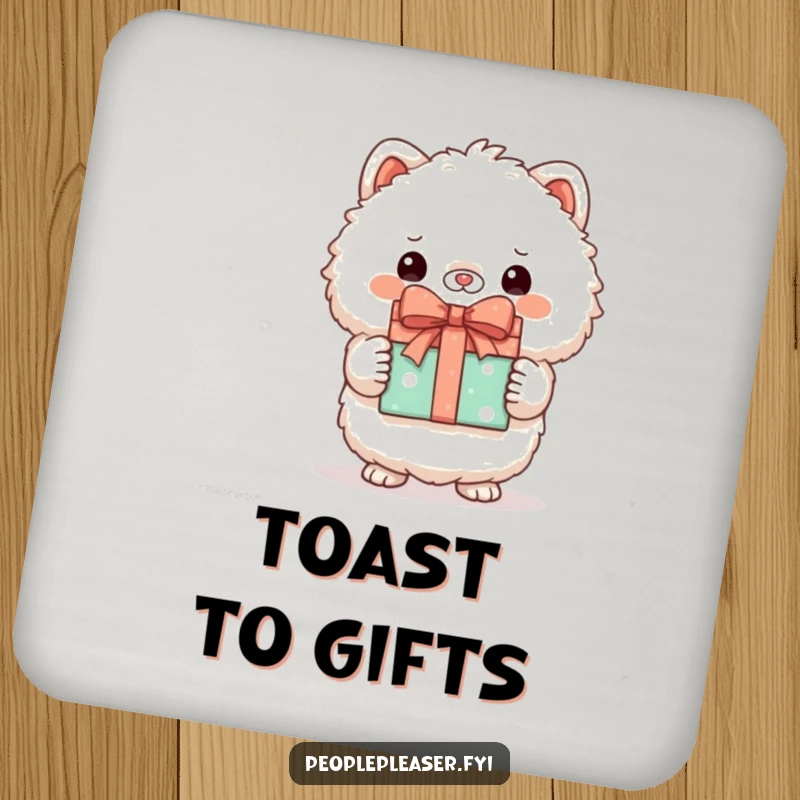 Funny drink coasters with a cute fluffy animal character proudly presenting a beautifully wrapped gift, ideal for celebrations.