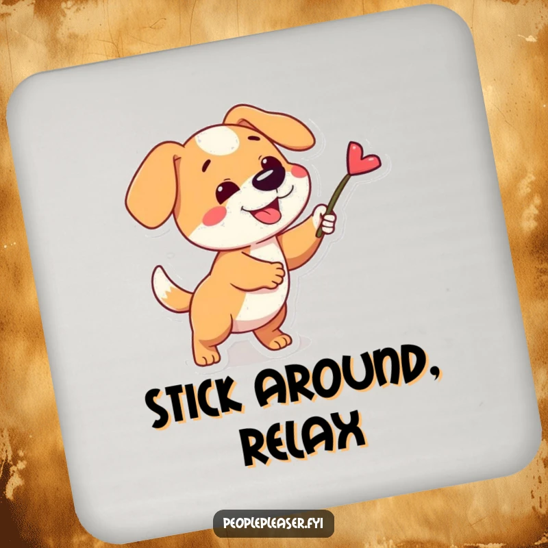 Funny drink coaster showcasing a playful dog character fetching a single, perfect stick, adding canine charm to surfaces.