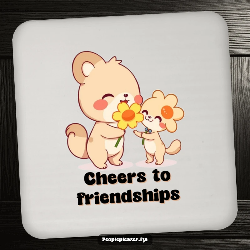 Funny drink coaster, cute animal character happily handing a large flower, protecting surfaces with a humorous nod to kindness.