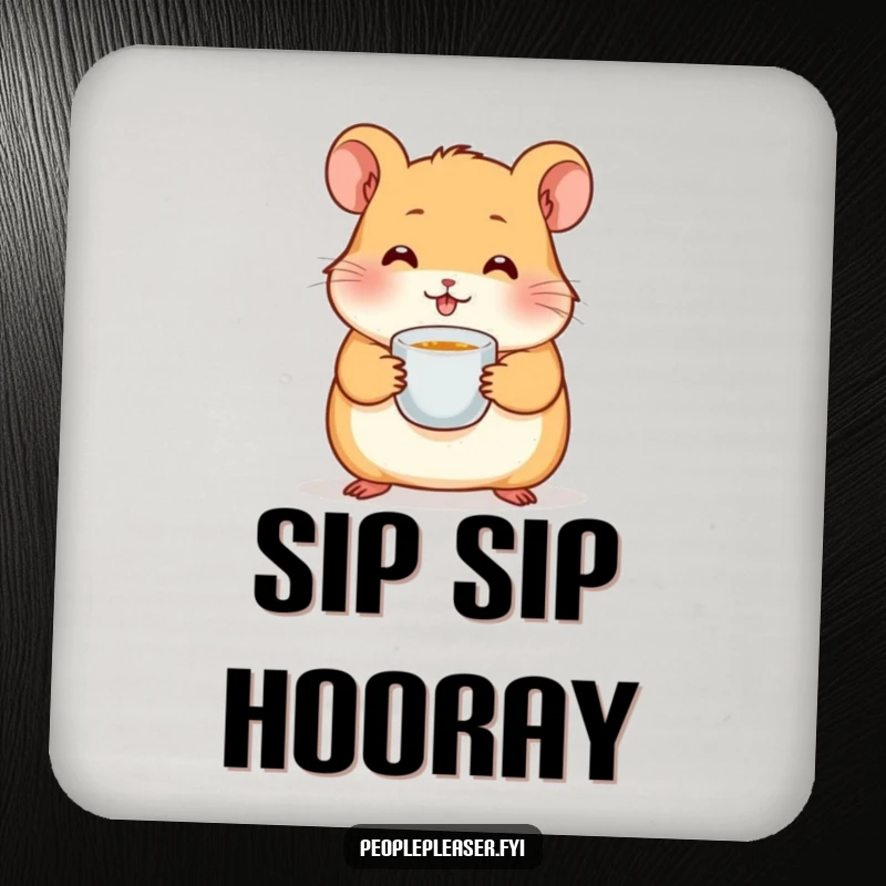 Funny hamster drink coaster featuring a cute character with a miniature teacup, protecting surfaces with adorable and humorous animal art.