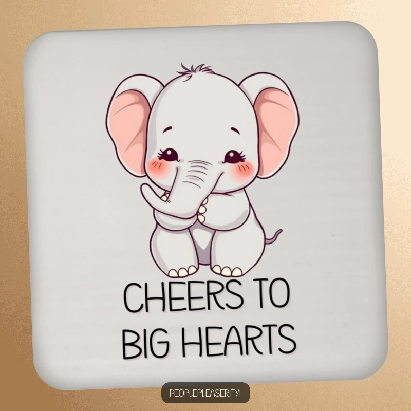 Funny Kawaii elephant drink coasters showing a character offering a soft hug with its trunk, adding humorous and affectionate protection to surfaces.