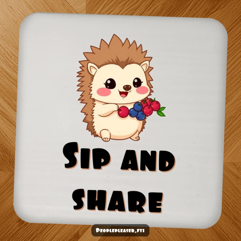 Funny Kawaii hedgehog drink coasters showing a character sharing its berries, adding humorous and kind protection to surfaces.