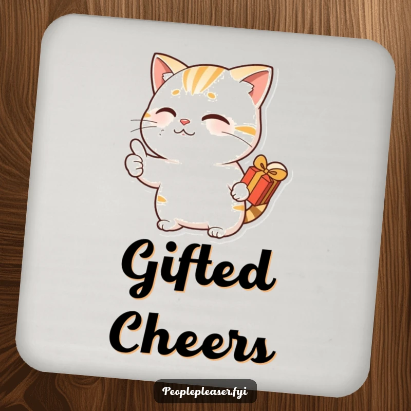 Funny coaster with a nodding cat character giving a thumbs up and holding a gift, protecting surfaces with feline charm.