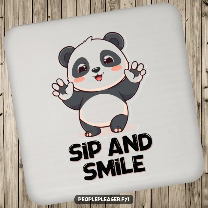 Funny panda drink coaster featuring a cute character waving hello with a beam, protecting surfaces with adorable and humorous welcome art.