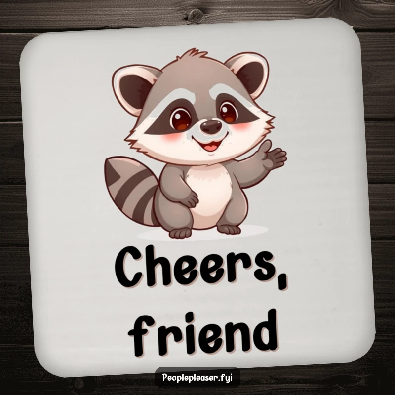 Funny raccoon drink coaster featuring a curious character offering a helping hand, protecting surfaces with adorable and humorous assistance art.
