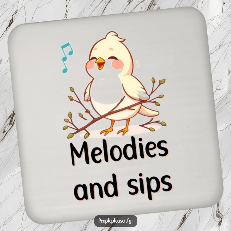 Funny cheerful bird singing a sweet melody and arranging tiny twigs on a drink coaster, ideal for tables and decor.