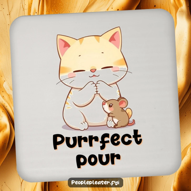 Funny drink coaster showcasing a content cat character purring while gently grooming a toy mouse, adding feline charm to surfaces.