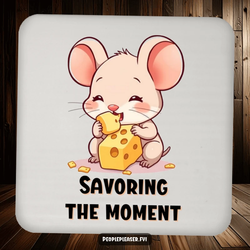 Funny drink coaster featuring a sweet mouse character sharing its last crumb of cheese, adding a humorous and protective element to tabletops.
