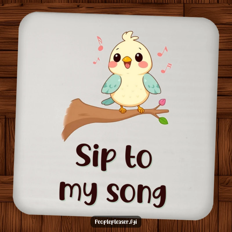 Funny Kawaii bird drink coasters showing a character singing a cheerful tune from a branch, adding humorous and musical protection to surfaces.