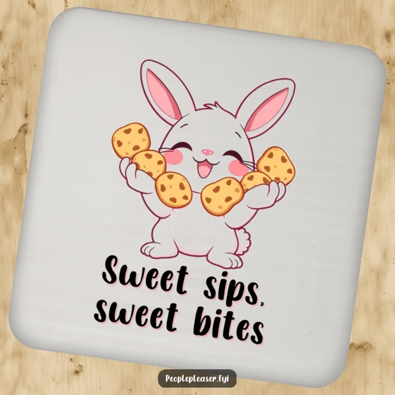 Funny Bunny Coasters set featuring a smiling bunny offering cookies, adding a sweet and humorous touch to drink protection.