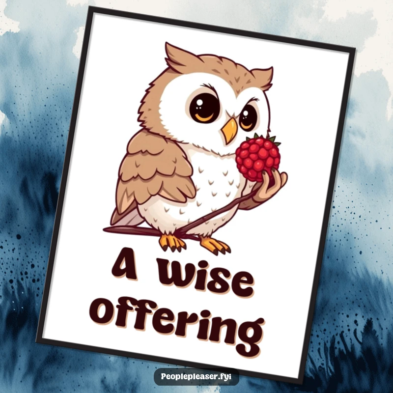 Funny poster showcasing a curious owl politely offering a polished berry, symbolizing generosity and quiet observation.