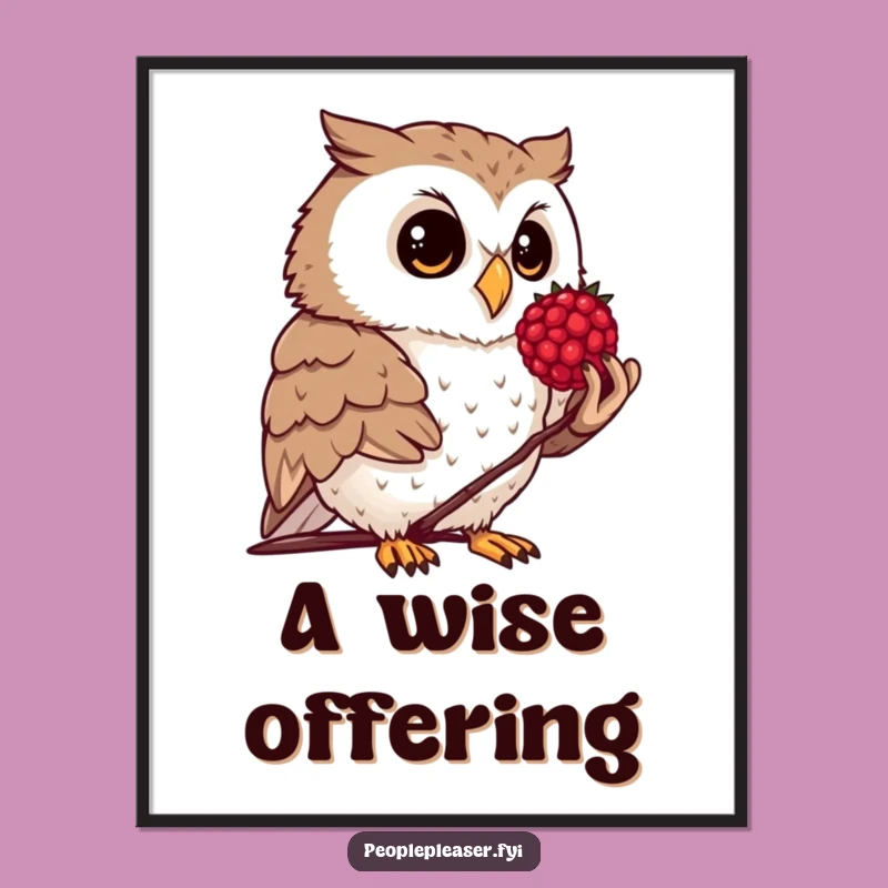 Funny Owl Berry Poster: Art of an owl offering a berry, a funny gift for unique decor.