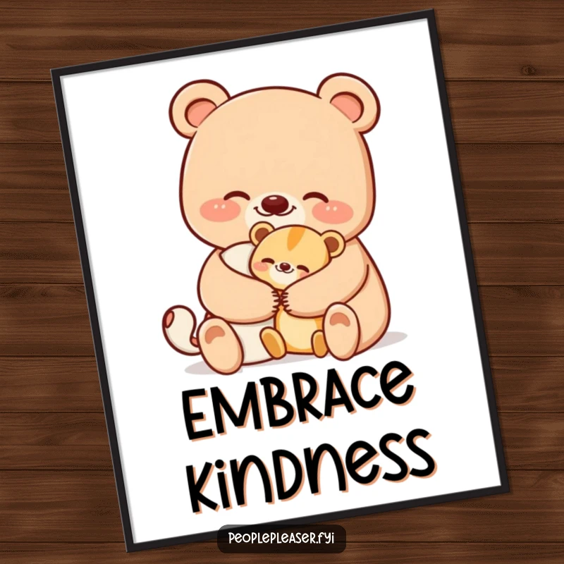 Funny bear poster depicting a smiling bear character giving a comforting hug to a smaller animal, adding warmth and humor to any wall.