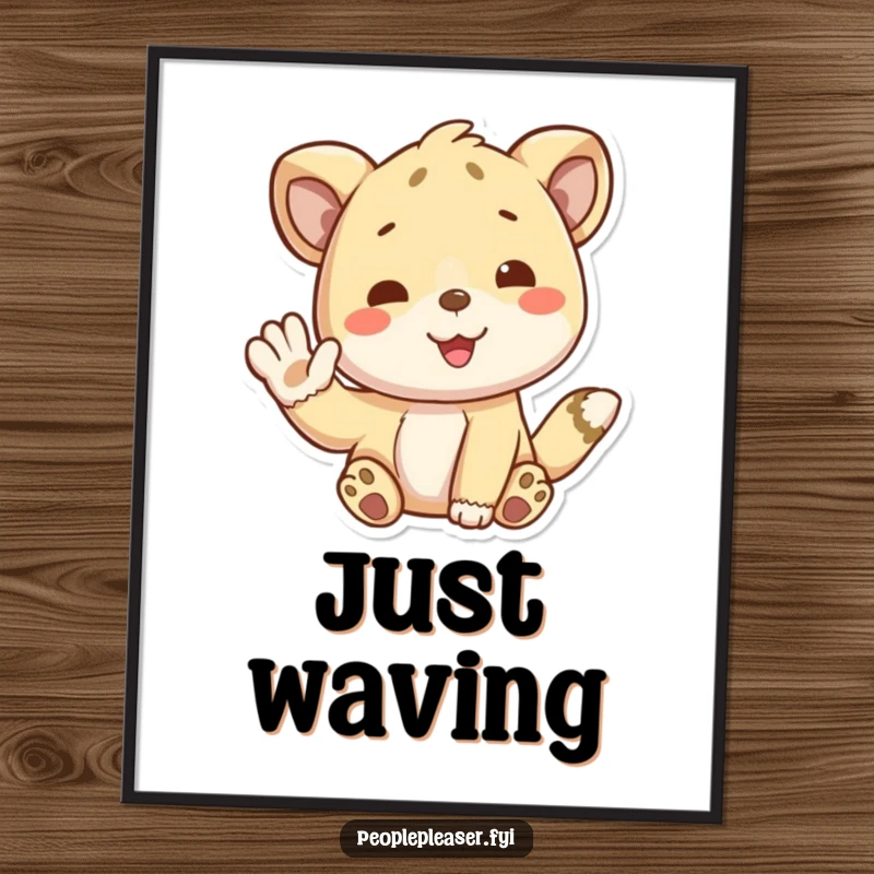 Funny poster art of a playful animal character giving a friendly wave, perfect for adding welcoming vibes. A great funny gift.