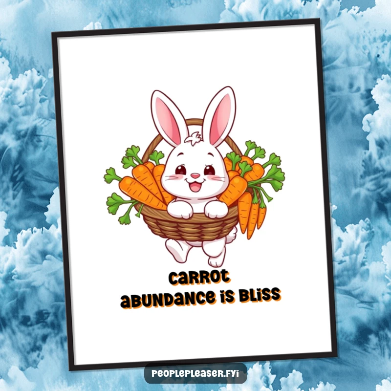 Funny poster illustration of a happy bunny character carrying a basket abundantly filled with carefully selected carrots, radiating joy.