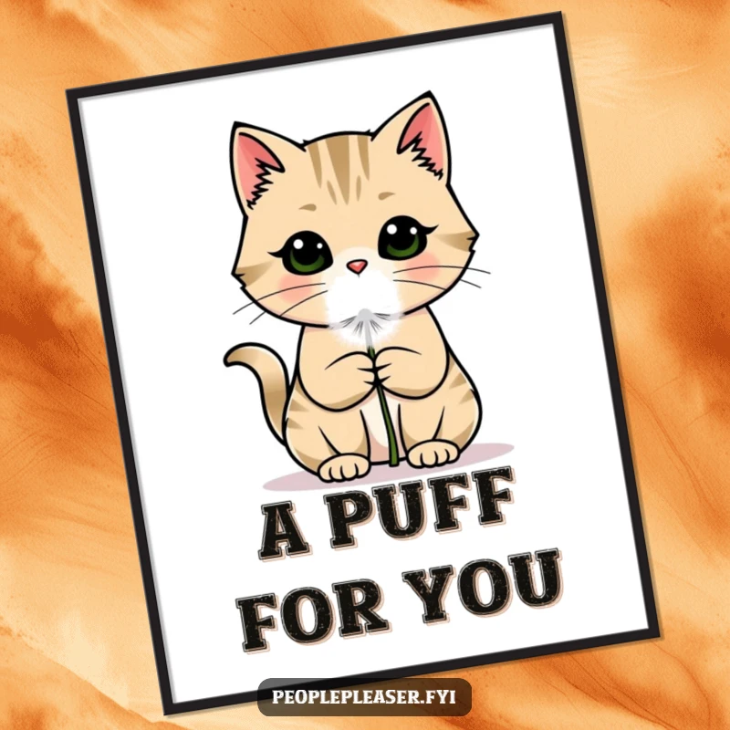 Funny cat poster featuring a charming cat offering a delicate dandelion puff, creating a heartwarming and whimsical wall art piece.