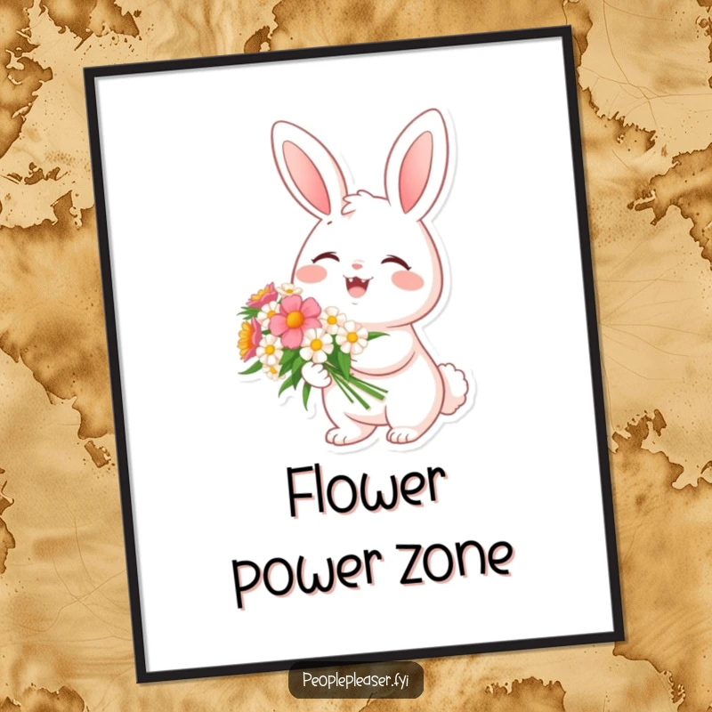 Funny poster showcasing a cheerful bunny character holding a bouquet of flowers, radiating happiness and spring beauty.