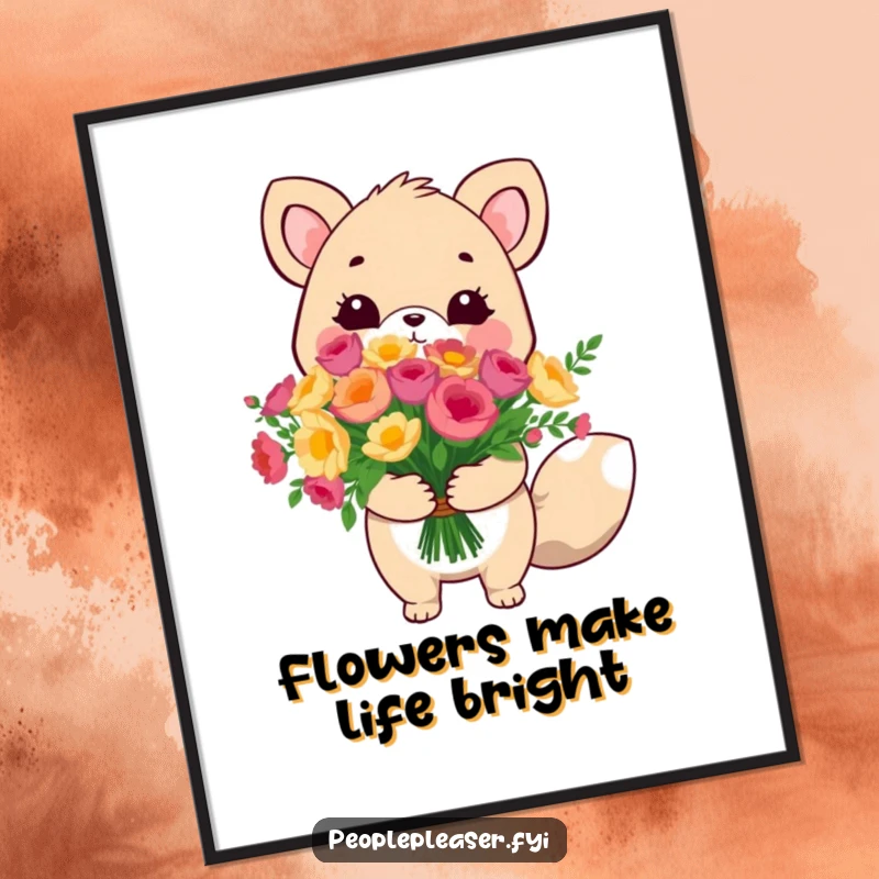 Funny cute animal poster, presenting a massive bouquet with a tender expression, a humorous and heartwarming wall art piece.