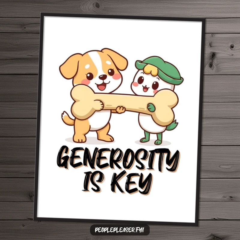 Funny Poster: Cheerful dog character offers a giant bone, capturing a moment of pure, humorous generosity and canine companionship.