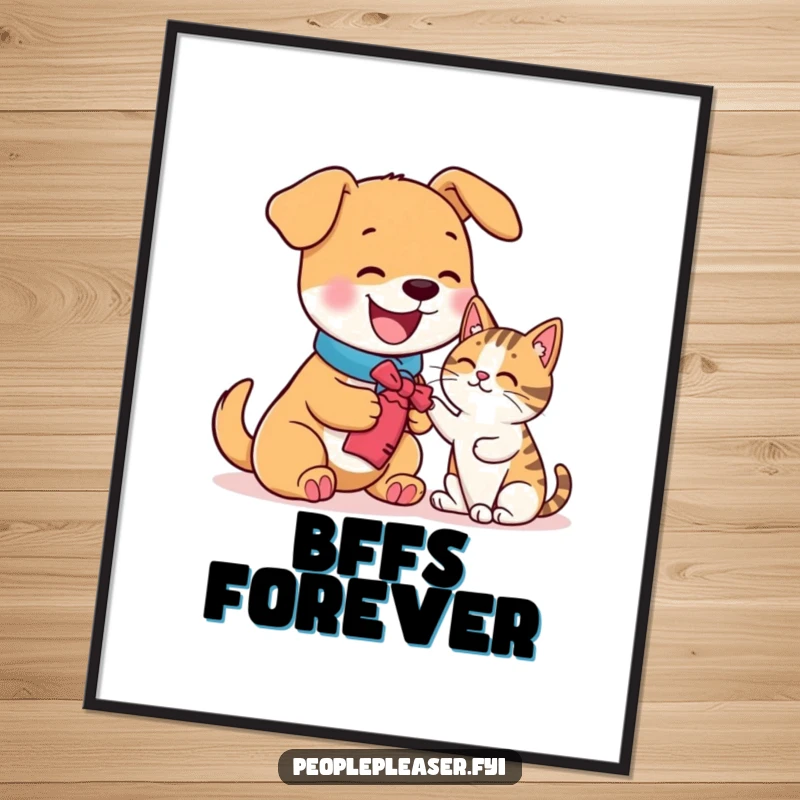 Funny poster print of a happy dog offering a toy to a cat, charming pet-themed wall art.
