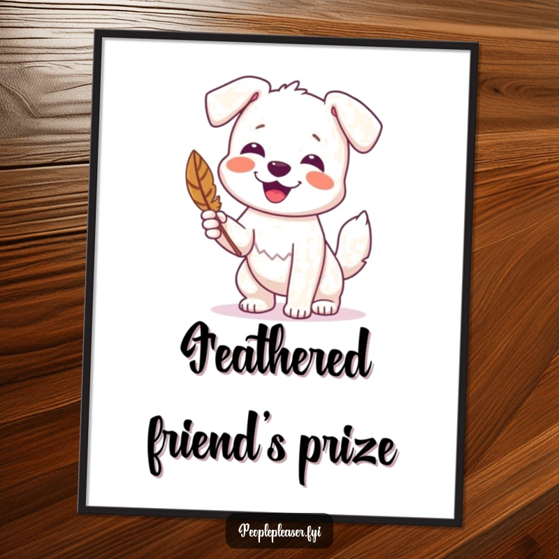 Funny poster showcasing a happy dog wagging its tail and holding a feather, radiating pure joy and excitement.