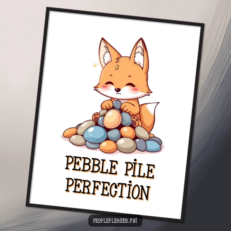 Funny fox poster, meticulously arranging a pile of shiny pebbles with a proud and intelligent expression, conveying cleverness.