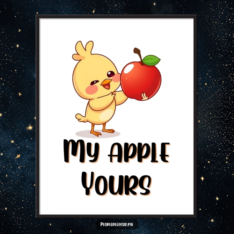 Funny poster showcasing a giggling bird character giving a shiny apple, bringing whimsical cheer and the joy of giving.