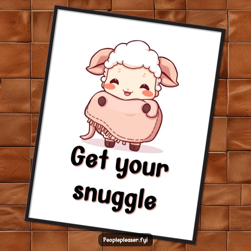 Funny Sheep Poster: A giggling sheep character kindly offers a fluffy blanket, creating an atmosphere of warmth and humor. Perfect funny gift!