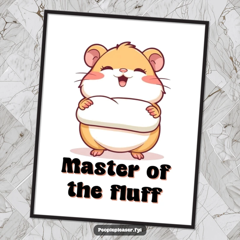 Funny poster illustration of a giggling hamster character proudly presenting a perfectly rolled piece of bedding, like a tiny work of art.