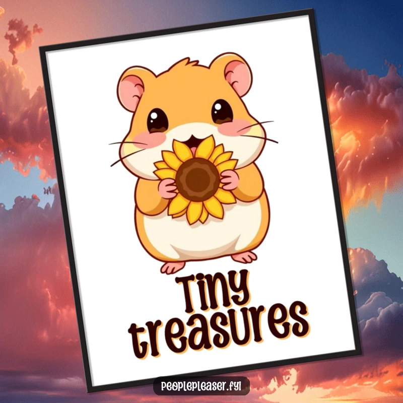 Funny Poster: Content hamster character offers a sunflower seed, creating a peaceful and humorous visual for wall decor.