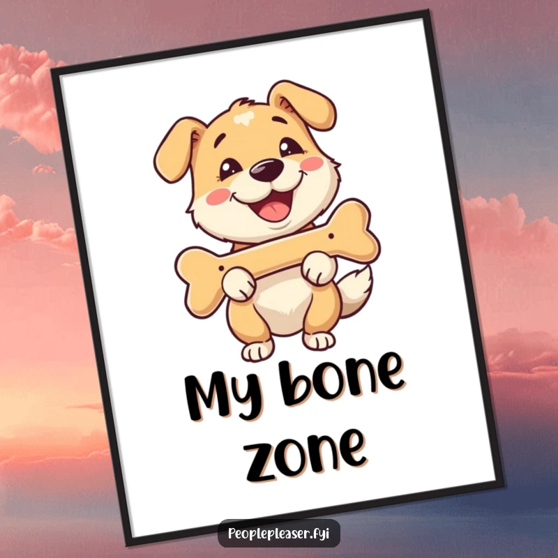 Funny poster showcasing a happy dog character fetching a bone with a wide, infectious smile, bringing cheer to the walls.