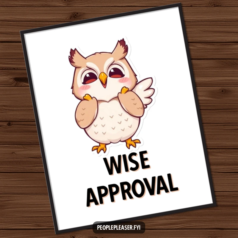 Funny poster print of a joyful owl character clapping its wings in approval, radiating happiness and encouragement.