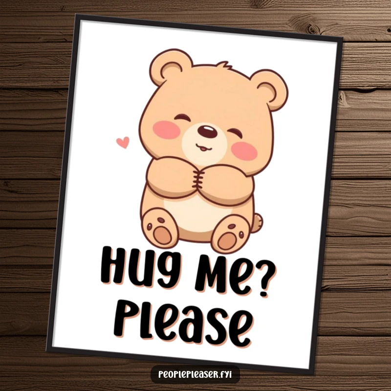 Funny poster showcasing a smiling bear character offering a warm hug, bringing heartwarming cheer and kindness to any space.