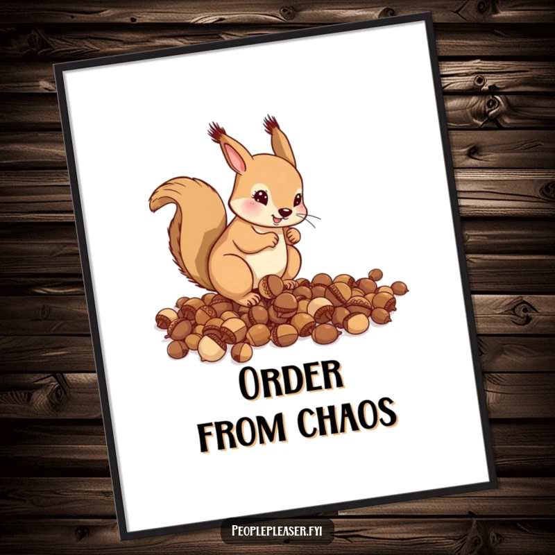 Funny Poster: A helpful squirrel meticulously organizes a pile of scattered acorns, symbolizing a humorous and dedicated approach to tidiness.