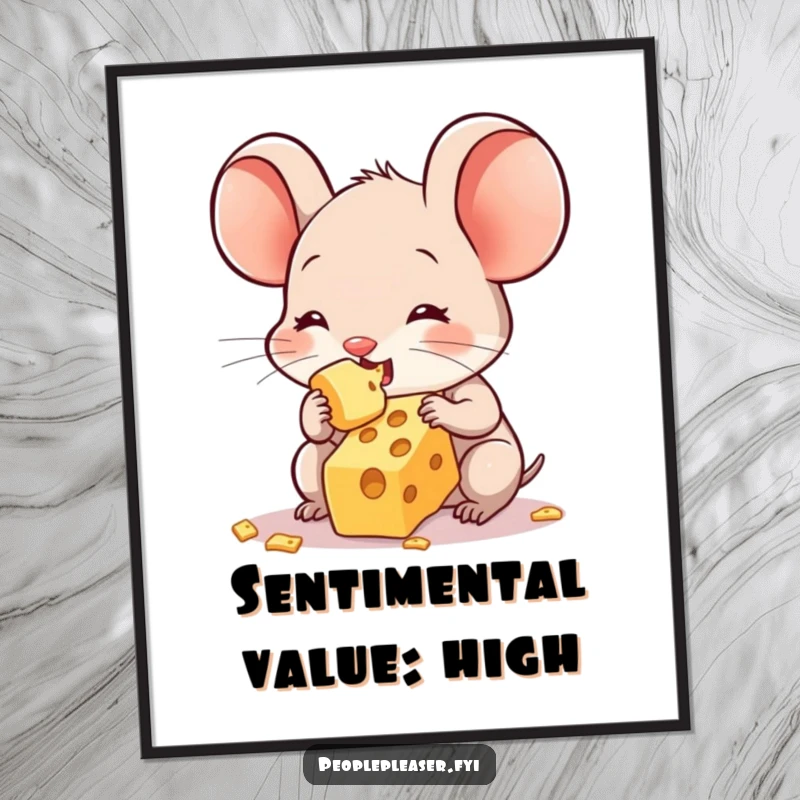 Funny poster depicting a sweet mouse character generously offering its last crumb of cheese, creating a humorous and heartwarming visual statement.