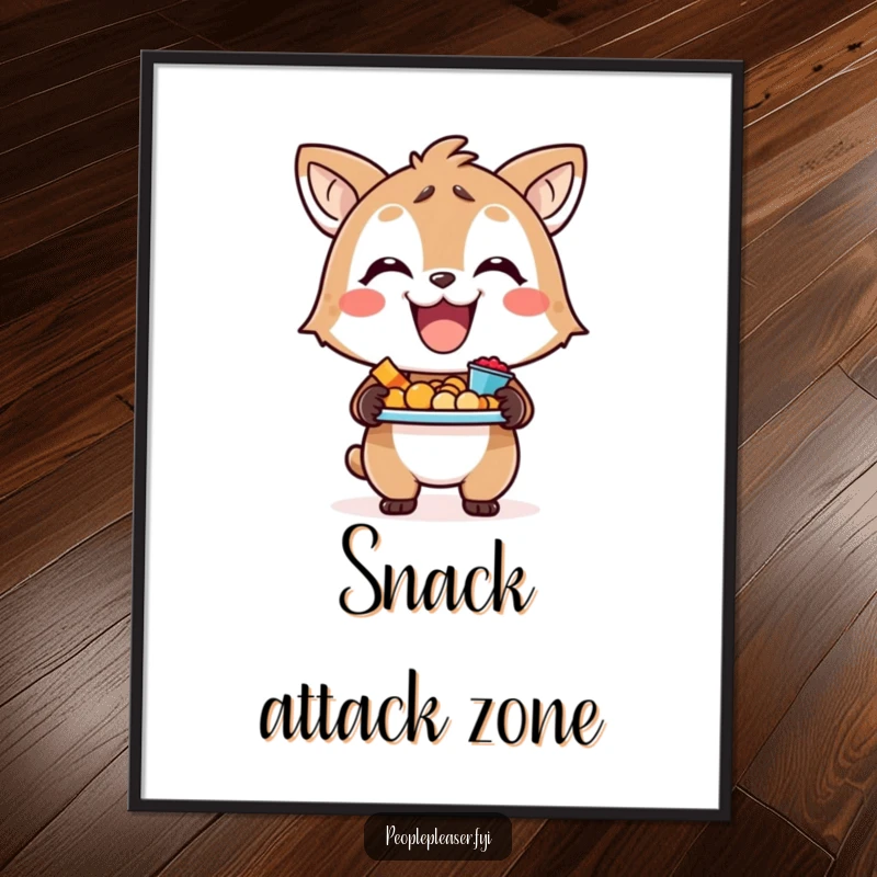 Funny poster of a happy animal character smiling broadly while holding a tray laden with delicious snacks.