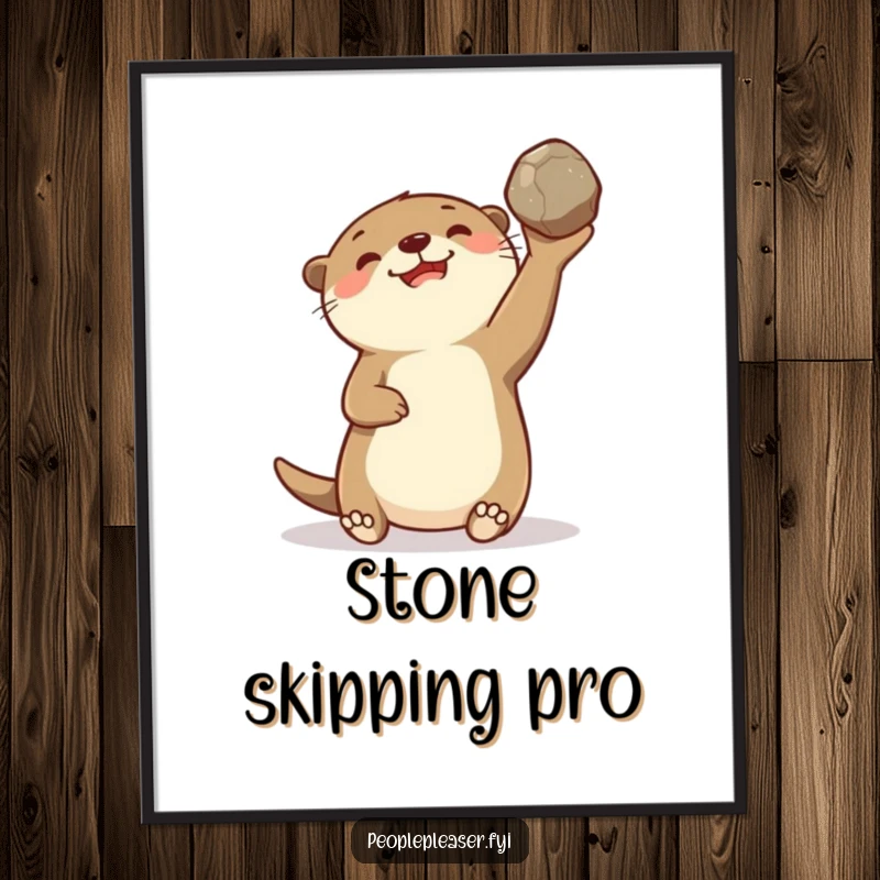 Funny poster showcasing a delighted otter character gleefully tossing a smooth stone, bringing a lively and humorous artistic touch.