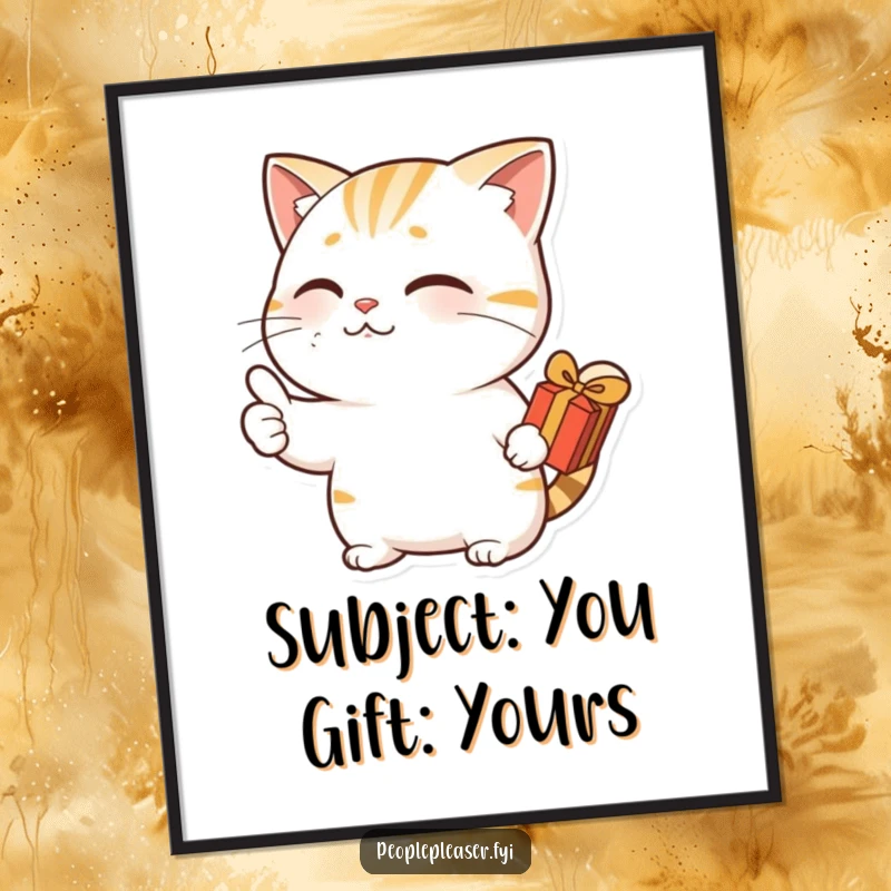 Funny poster showcasing a nodding cat character giving a thumbs up and holding a gift, adding playful charm to any wall.