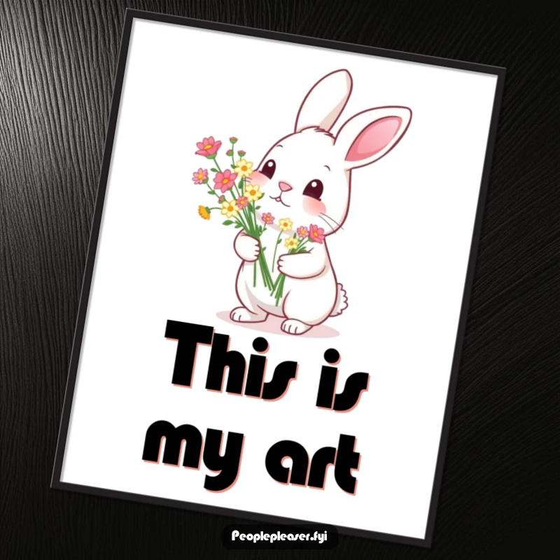 Funny Poster: A diligent rabbit offers a perfectly arranged bouquet of tiny flowers, capturing a moment of sweet humor and dedication.